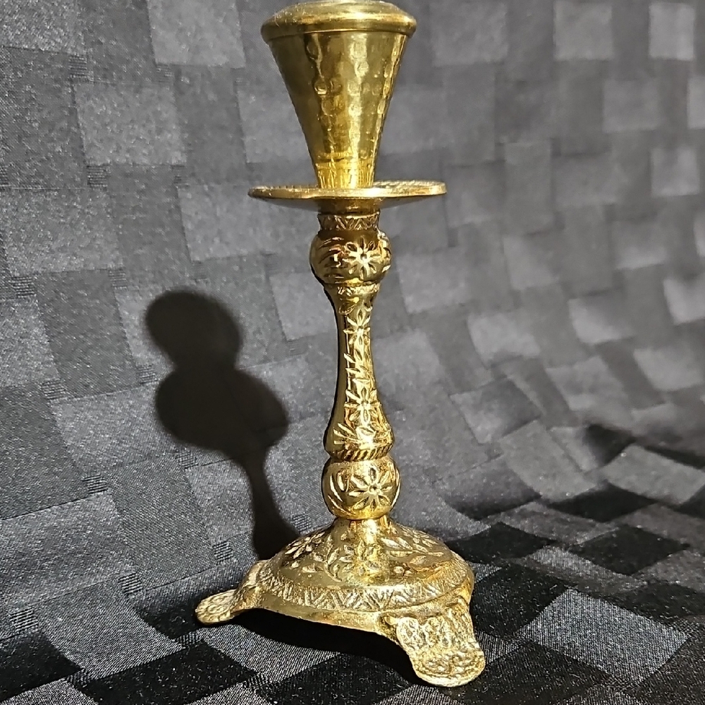 MCM Wainberg Israeli Solid Brass Ornate Embossed Candlestick Holder